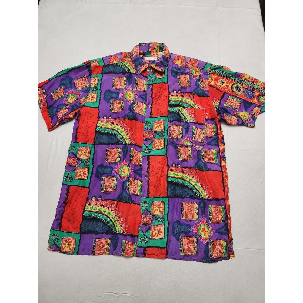Bogari Shirt Mens Large Multicolor Silk Hawaiian Geometric Short Sleeve